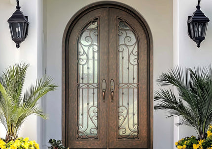 EliteCustomDoor Thermal Break Wrought Iron Double Door with RainStom Glass and Rose Copper