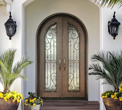 EliteCustomDoor Thermal Break Wrought Iron Double Door with RainStom Glass and Rose Copper