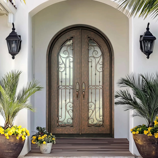 EliteCustomDoor Thermal Break Wrought Iron Double Door with RainStom Glass and Rose Copper