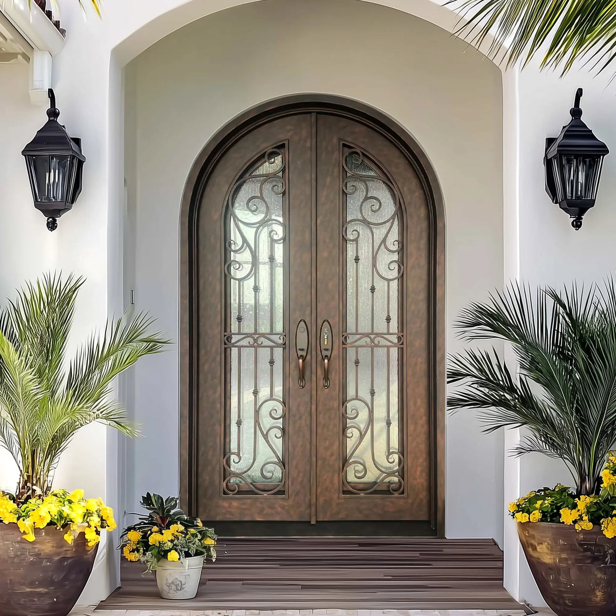 EliteCustomDoor Thermal Break Wrought Iron Double Door with RainStom Glass and Rose Copper