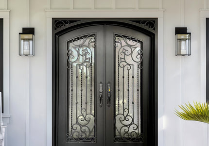 EliteCustomDoor Thermal Break Wrought Iron Double Door with Rain Storm Glass and Scrollwork  E-T105