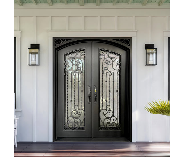 EliteCustomDoor Thermal Break Wrought Iron Double Door with Rain Storm Glass and Scrollwork  E-T105