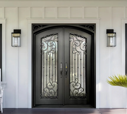 EliteCustomDoor Thermal Break Wrought Iron Double Door with Rain Storm Glass and Scrollwork  E-T105