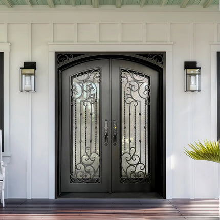 EliteCustomDoor Thermal Break Wrought Iron Double Door with Rain Storm Glass and Scrollwork  E-T105