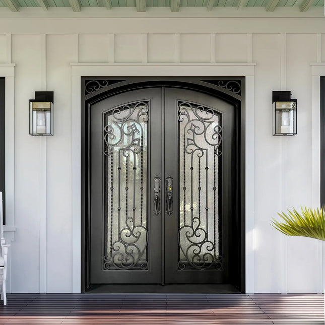 EliteCustomDoor Thermal Break Wrought Iron Double Door with Rain Storm Glass and Scrollwork  E-T105