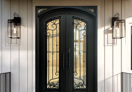 EliteCustomDoor Thermal Break Wrought Iron Double Door with Scrollwork and Square Top E-T102