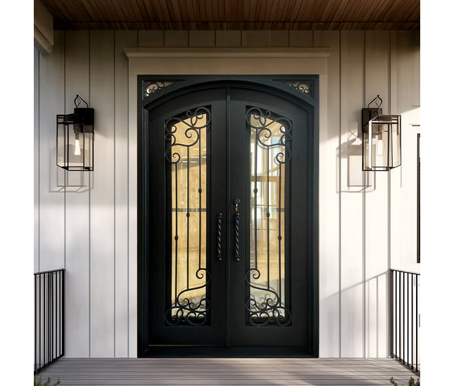 EliteCustomDoor Thermal Break Wrought Iron Double Door with Scrollwork and Square Top E-T102