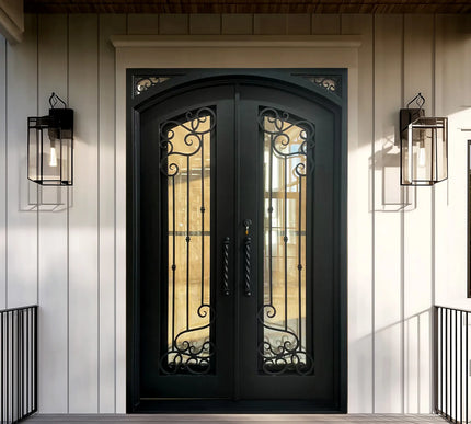 EliteCustomDoor Thermal Break Wrought Iron Double Door with Scrollwork and Square Top E-T102