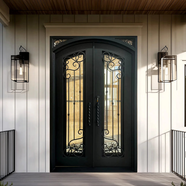 EliteCustomDoor Thermal Break Wrought Iron Double Door with Scrollwork and Square Top E-T102