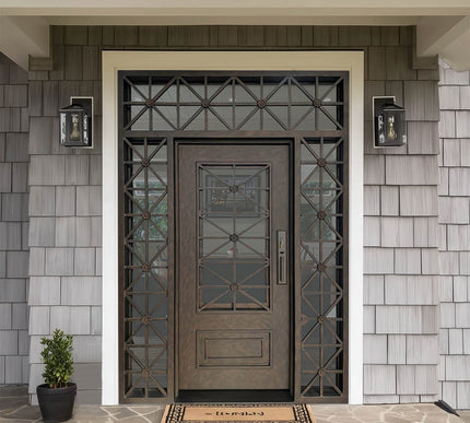 Decorative iron front door with glass panels and transom