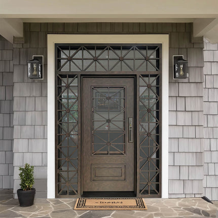 Decorative iron front door with glass panels and transom