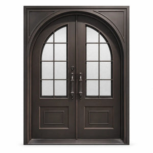 Dark bronze double front door with arched top and frosted glass window panes, shown on a plain white background.