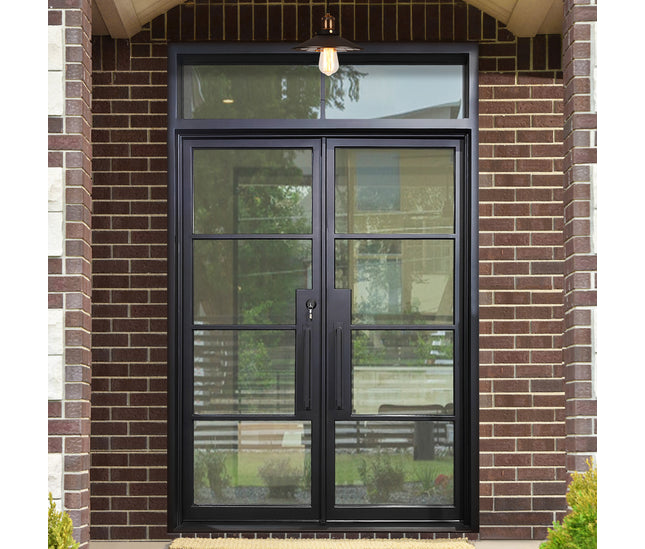 Elite Double Iron French Door with Transom and Clear Glass