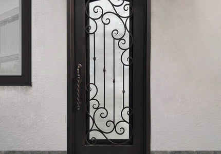 Elite Exterior iron single entry door with glass and arched top E-S109