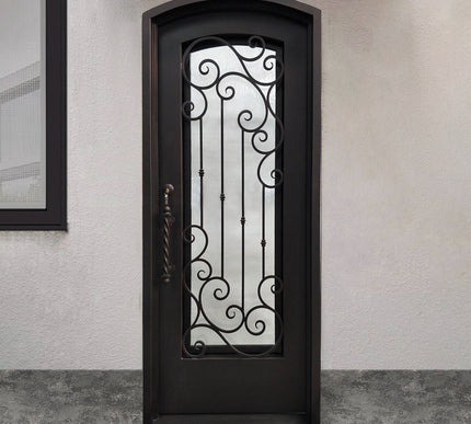 Elite Exterior iron single entry door with glass and arched top E-S109