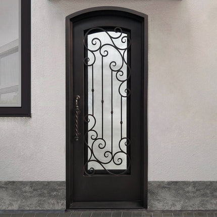 Elite Exterior iron single entry door with glass and arched top E-S109