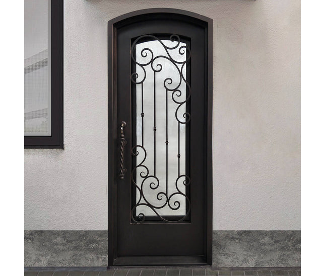 Elite Exterior iron single entry door with glass and arched top E-S109