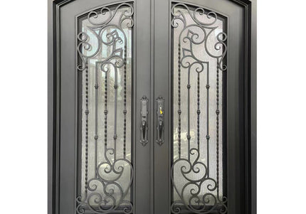 Elite Iron Entry Double Door With Rain Stom Glass And Scrollwork