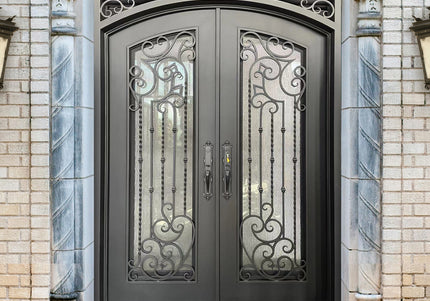 Elite Iron Entry Double Door With Rain Stom Glass And Scrollwork