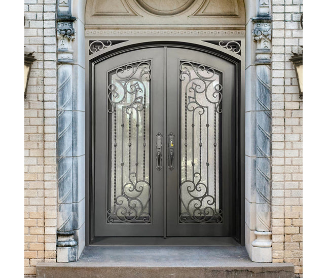 Elite Iron Entry Double Door With Rain Stom Glass And Scrollwork