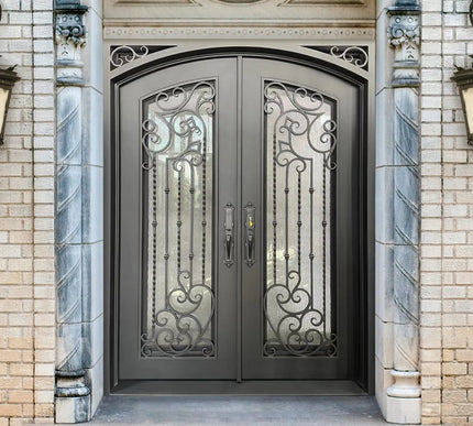 Elite Iron Entry Double Door With Rain Stom Glass and Scrollwork