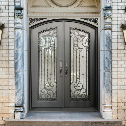 Elite Iron Entry Double Door With Rain Stom Glass and Scrollwork
