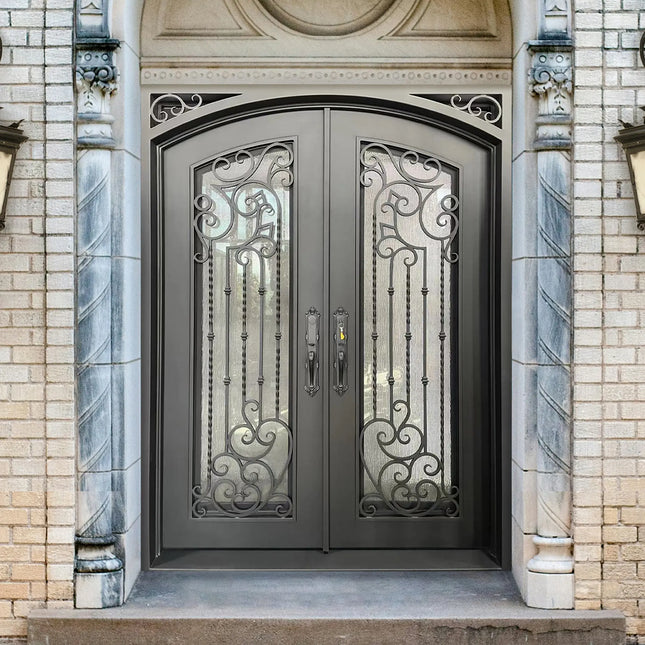 Elite Iron Entry Double Door With Rain Stom Glass and Scrollwork