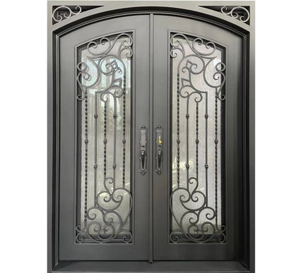Elite Iron Entry Double Door With Rain Stom Glass And Scrollwork