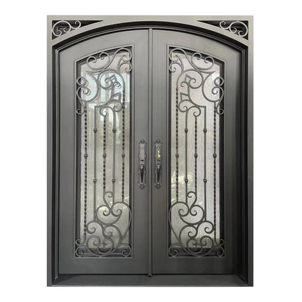 Elite Iron Entry Double Door With Rain Stom Glass And Scrollwork