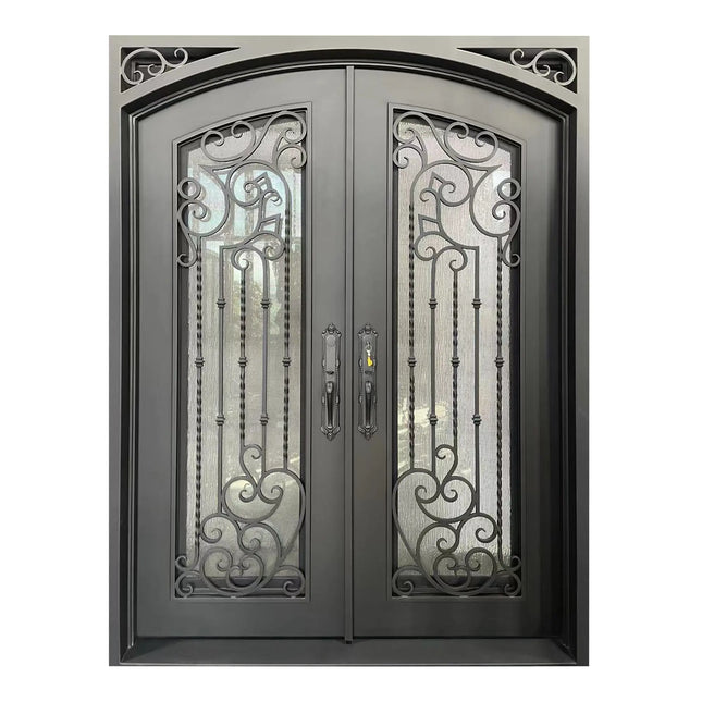Elite Iron Entry Double Door With Rain Stom Glass And Scrollwork