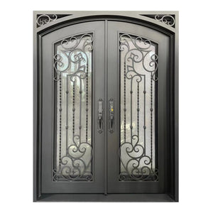 Elite Iron Entry Double Door With Rain Stom Glass And Scrollwork