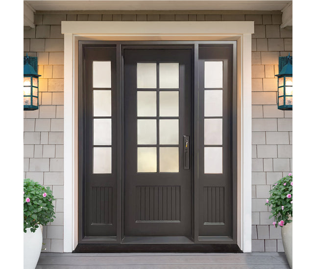 Elite Iron French Single Door with Double Sidelites and Frosted Glass F-S110