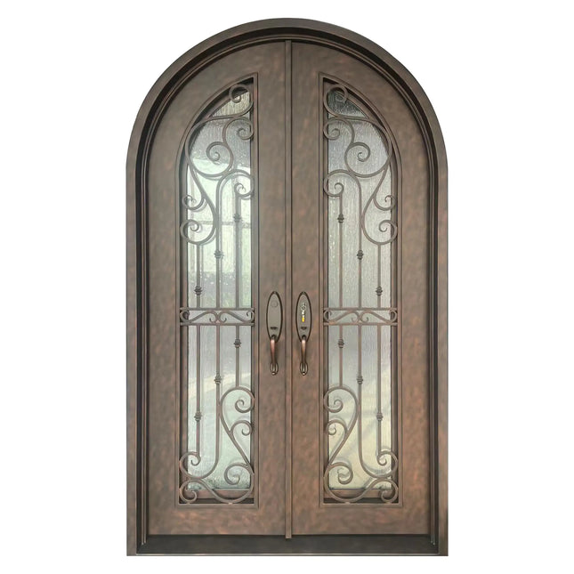 Elite Iron Front Double Door With Rain Stom Glass And Rose Copper Color