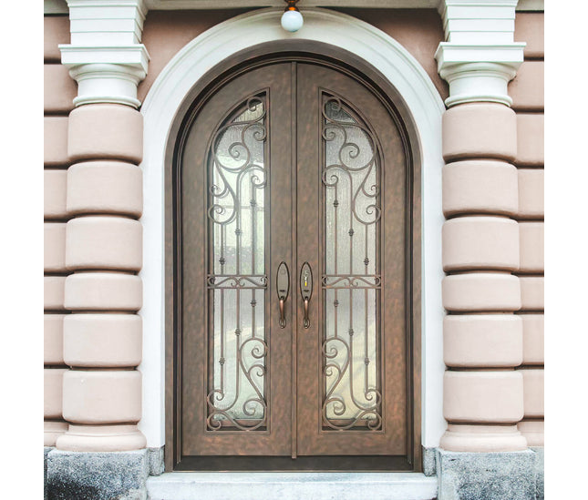 Elite Iron Front Double Door With Rain Stom Glass And Rose Copper