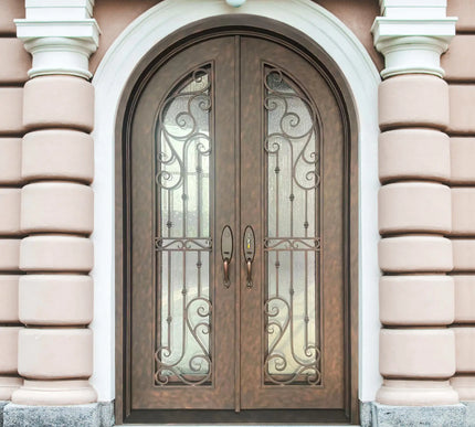 Elite Iron Front Double Door With Rain Stom Glass And Rose Copper