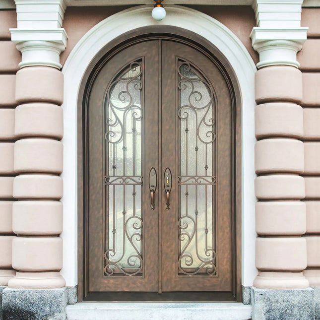 Elite Iron Front Double Door With Rain Stom Glass And Rose Copper