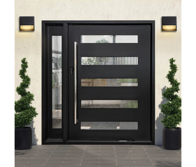 Elite Iron Single Pivot Door With Single Sidelight Matt Black
