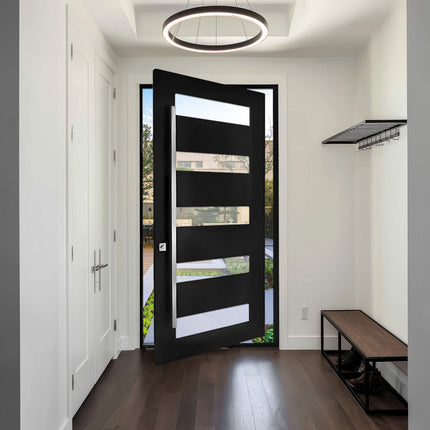 Elite Iron Single Pivot Door with Neat Design Tempered Glass in Matt Black P-S101
