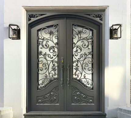 Elite Thermal Break Double Iron Front Door with Matte Black and Rain Storm Glass