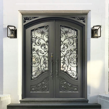 Elite Thermal Break Double Iron Front Door with Matte Black and Rain Storm Glass