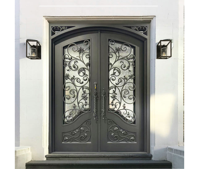 Elite Thermal Break Double Iron Front Door with Matte Black and Rain Storm Glass