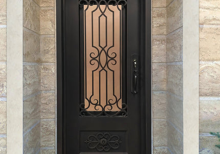 Elite Wrough iron single entry door with glass and kickplate E-S108