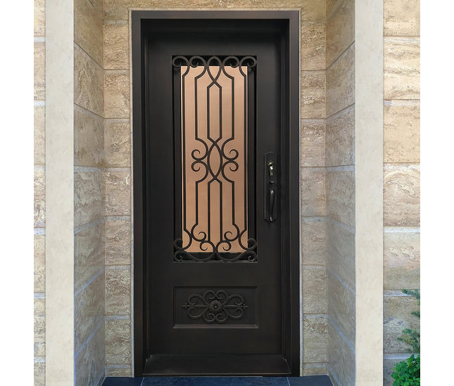 Elite Wrough iron single entry door with glass and kickplate E-S108
