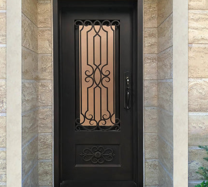 Elite Wrought iron single entry door with glass and kickplate E-S108