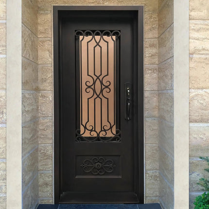 Elite Wrought iron single entry door with glass and kickplate E-S108