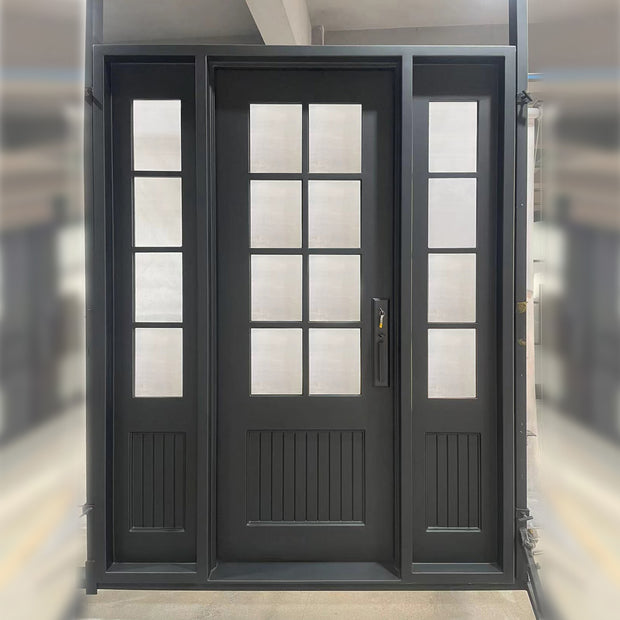 elitecustomdoor iron double door with course linen glass
